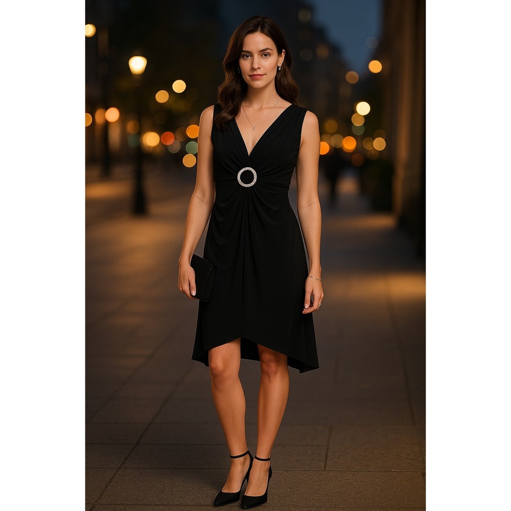 VLX Black Sleeveless Rhinestone Ring Detail Dress Party Cocktail Medium